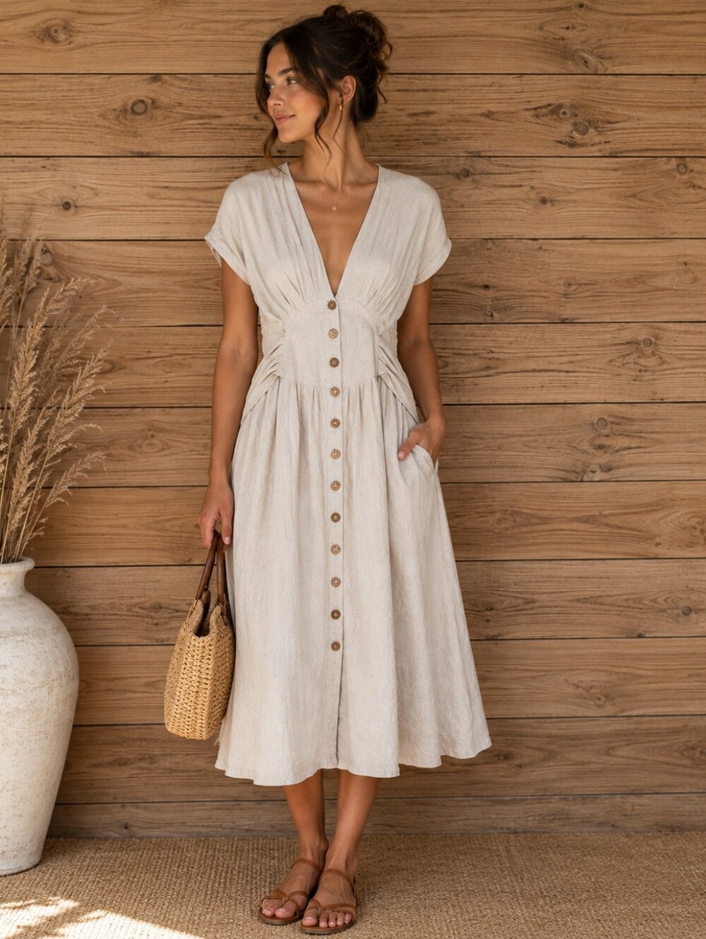 Dress Forum Beige Linen-Blend Corset Waisted Cottage Core Milkmaid Work